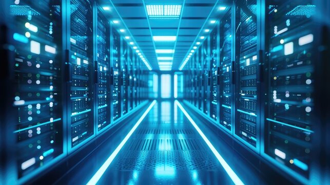 A parallel row of servers, adorned in electric blue, fills a technology-driven data center hallway with a symmetrical display of power and Azure technology. AIG41