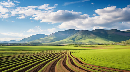 Obraz premium Expansive Green Fields Leading to Mountains