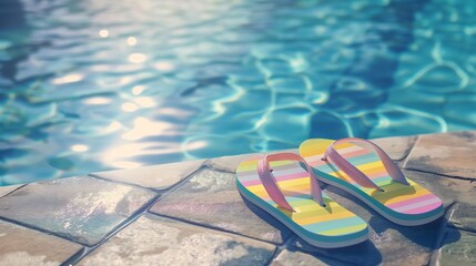 Naklejka premium Colorful Flip-Flops by the Poolside. Poolside Scene with Striped Sandals