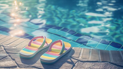 Naklejka premium Colorful Flip-Flops by the Poolside. Poolside Scene with Striped Sandals
