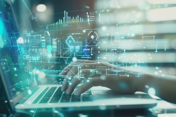 "Midsection of a person using a laptop with digital overlays of file folders and data streams for data processing visualization; soft blue and gray to, AI Generative