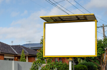 A blank white mockup background texture of an empty billboard on roadside with a solar panel on top for generating electricity.