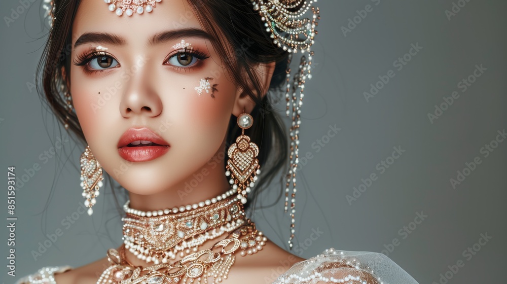 Poster Beautiful girl in the image of the Asian bride with expensive jewelry, oriental make-up and bridal tiara, earrings and necklace. The beauty of the face. Photos shot in the studio.