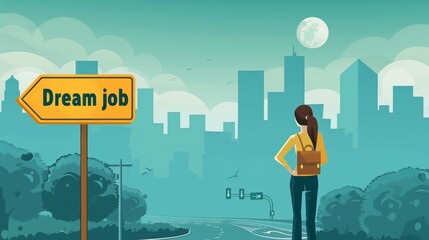 Dream job concept image with sign and woman showing the direction to change job and encourage people take risk and look for new opportunities