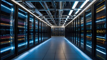 Fototapeta premium Data Encryption and Privacy: Secure Server Room with Glowing Encryption Symbols