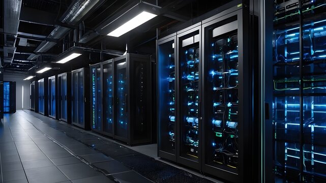 Data Encryption and Privacy: Secure Server Room with Glowing Encryption Symbols