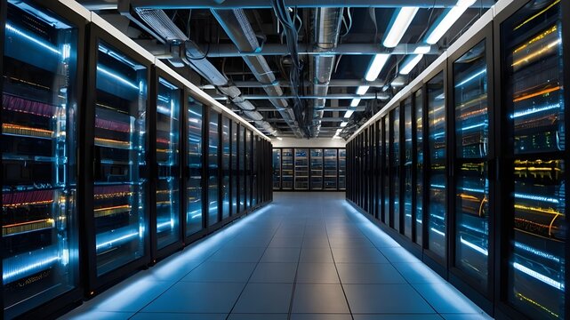 Data Encryption and Privacy: Secure Server Room with Glowing Encryption Symbols