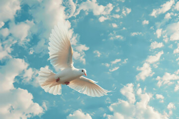 Fototapeta premium white dove flying with open wings in the sky with clouds