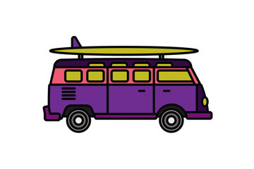 Original vector illustration. A van with a surfboard on the roof. A contour icon.