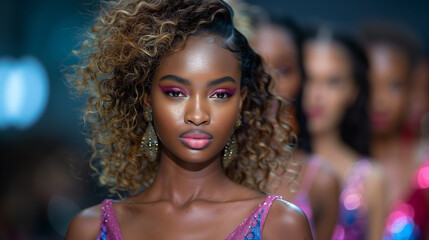 Obraz premium Super Beautiful Black Model on Podium (Catwalk). Curly Brunette Hair and Pink Make-Up