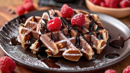 Chocolate waffles topped with chocolate sauce and fresh raspberries, making for an indulgent treat