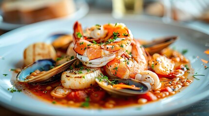 French food, a delicate plate of bouillabaisse with seafood, with ample room for text