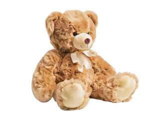 A teddy bear with a white ribbon around its neck