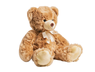 A teddy bear with a white ribbon around its neck