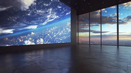 Fototapeta premium An empty room with a wall that displays a live feed of the sky from various parts of the world