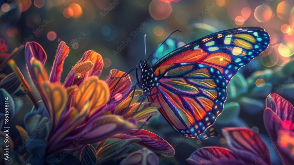 Poster A colorful butterfly perched on a vibrant flower, with its wings spread open, displaying intricate patterns.