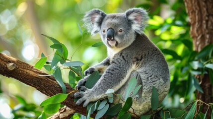 Naklejka premium Koala Bear Sit On The Branch of the tree and eat leaves 4K Wallpaper