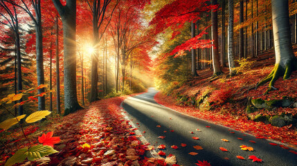A winding road through a vibrant forest with colorful fall foliage and sunlight filtering through the trees.
