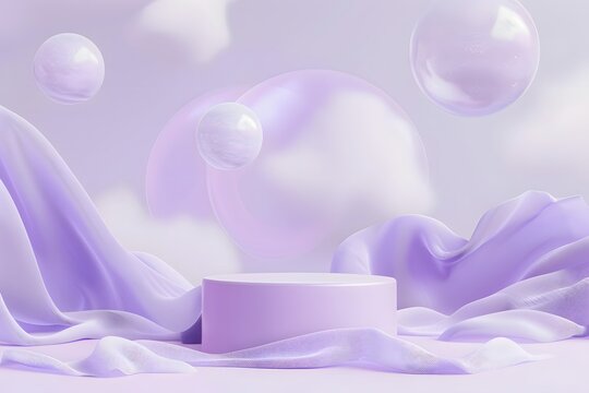 A purple podium with spheres floating around it, creating an atmosphere of lightness and minimalism. The background is purple in color, creating a soft tone that complements the stage design. 
