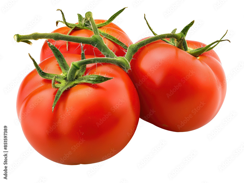 Sticker three ripe red tomatoes are shown on a white background