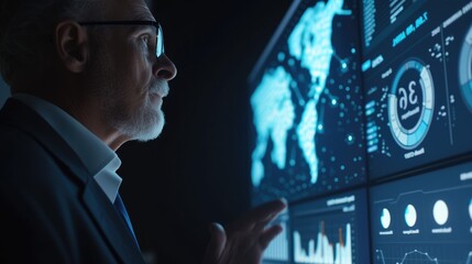 A senior data analyst focuses on interpreting complex data visualizations displayed on high-tech digital screens. AIG41