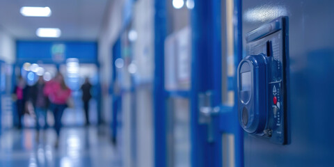 Close-up of a security system in a school hallway, emphasizing safety and modern security measures in educational institutions.