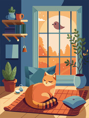 A cat is sleeping on a rug in front of a window. The cat is orange and has black stripes. The room is decorated with a few potted plants and a vase
