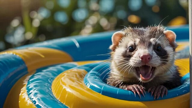 Cute ferret animal on a water slide in summer

