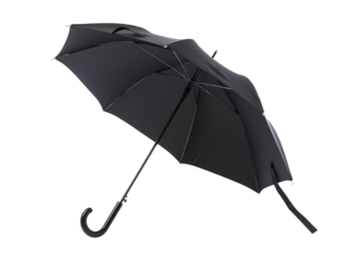 A black umbrella with a black handle and a white background