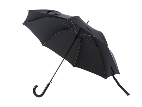 A black umbrella with a black handle and a white background