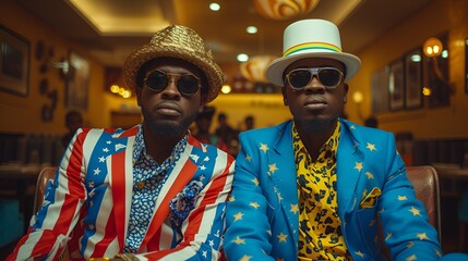 Obraz premium Men dressed in patriotic outfits for July 4th - Independence Day - United States flag style 