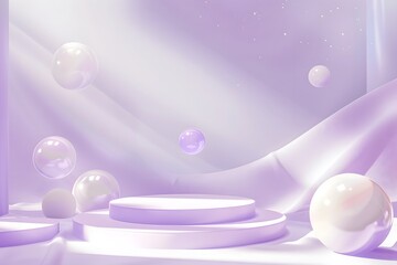 A purple podium with spheres floating around it, creating an atmosphere of lightness and minimalism. The background is purple in color, creating a soft tone that complements the stage design. 