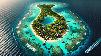 An idyllic island surrounded by turquoise waters, lush greenery, sandy beaches, and vibrant coral reefs.