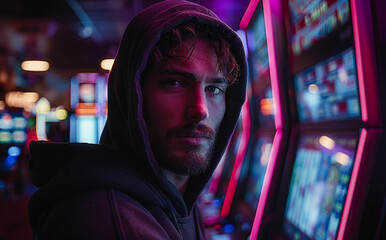 Fototapeta premium Handsome young man is playing slot machines in casino