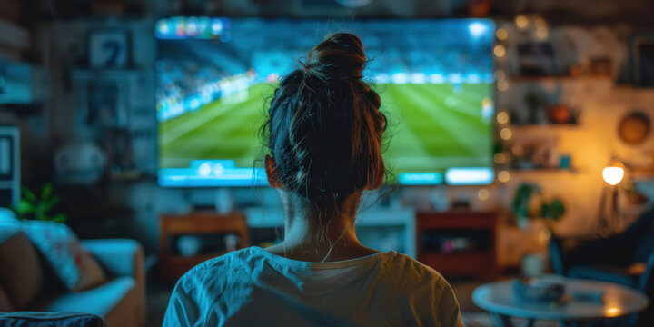 A woman intently watches a soccer match on TV in her cozy living room, fully engrossed in the game.