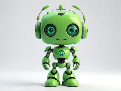 smiling green robot cyborg cute d art illustration in plain white background