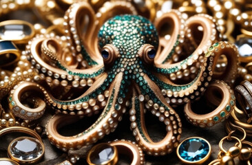 Obraz premium Explore the intricately detailed, gem-studded octopus artwork. A fusion of luxury and marine beauty captured in stunning detail. Generated AI.