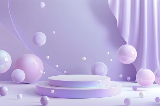 A purple podium with spheres floating around it, creating an atmosphere of lightness and minimalism. The background is purple in color, creating a soft tone that complements the stage design. 