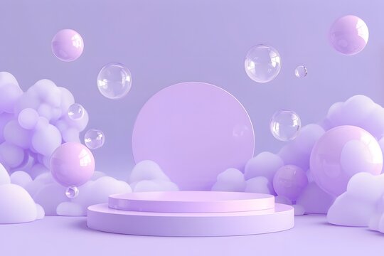 A purple podium with spheres floating around it, creating an atmosphere of lightness and minimalism. The background is purple in color, creating a soft tone that complements the stage design. 