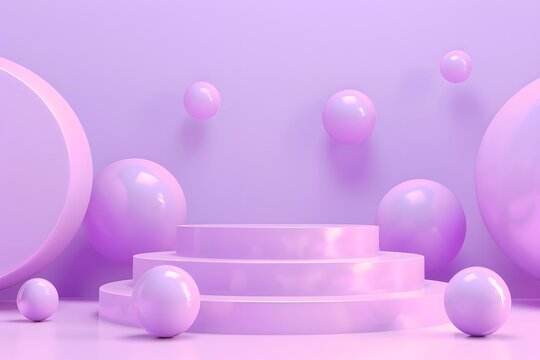 A purple podium with spheres floating around it, creating an atmosphere of lightness and minimalism. The background is purple in color, creating a soft tone that complements the stage design. 