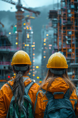 Obraz premium Two women construction workers are looking at the construction site.