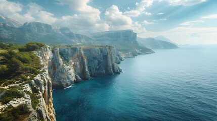 Dramatic Cliffs of a Mountain Coastline Overlooking the Serene Ocean Landscape