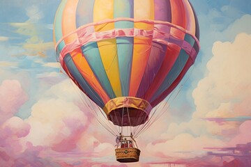 Fototapeta premium Feminine aesthetic vintage old style oil painting of close up hot air balloon aircraft vehicle transportation.
