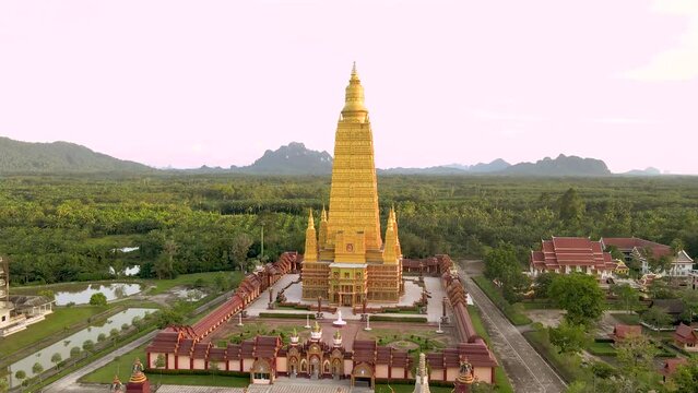 Drone video, high angle, Wat Mahathat Wachira Mongkhon (Wat Bang Thong), Krabi Province, 46 Moo 3, Na Nuea Subdistrict, Ao Luek District, Krabi 81110 Thailand.