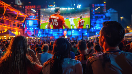 A large crowd of fans watching a live soccer match on a giant screen at an outdoor event, illuminated by vibrant lights.