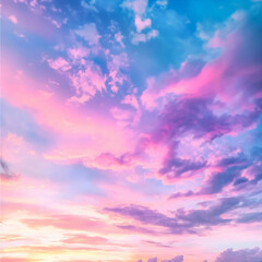 Fototapeta premium Colorful sunset sky, pink and blue hues, evening clouds, beautiful sky, twilight, serene sky, pastel colors, vibrant cloudscape, dusk sky, evening hues, sky at sunset, pink sunset
