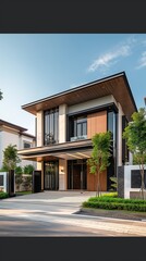 A Two-Storey Home With A Glass Balcony, Large Windows And Natural Landscape.