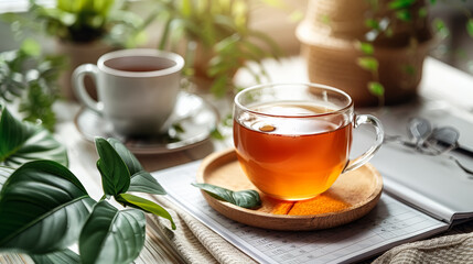 A cup of tea is sitting on a table next to a book. The table is covered with a blanket and there are several plants in the background. The scene is cozy and inviting