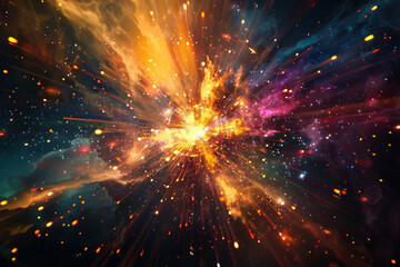 Fototapeta premium A captivating explosion of colors and lights creates a cosmic scene, reminiscent of a supernova, blending vibrant orange, yellow, and blue hues.