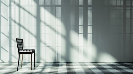 Fototapeta premium A Couch With A Plaid Floor And A Window In A Minimalist Living Room. 